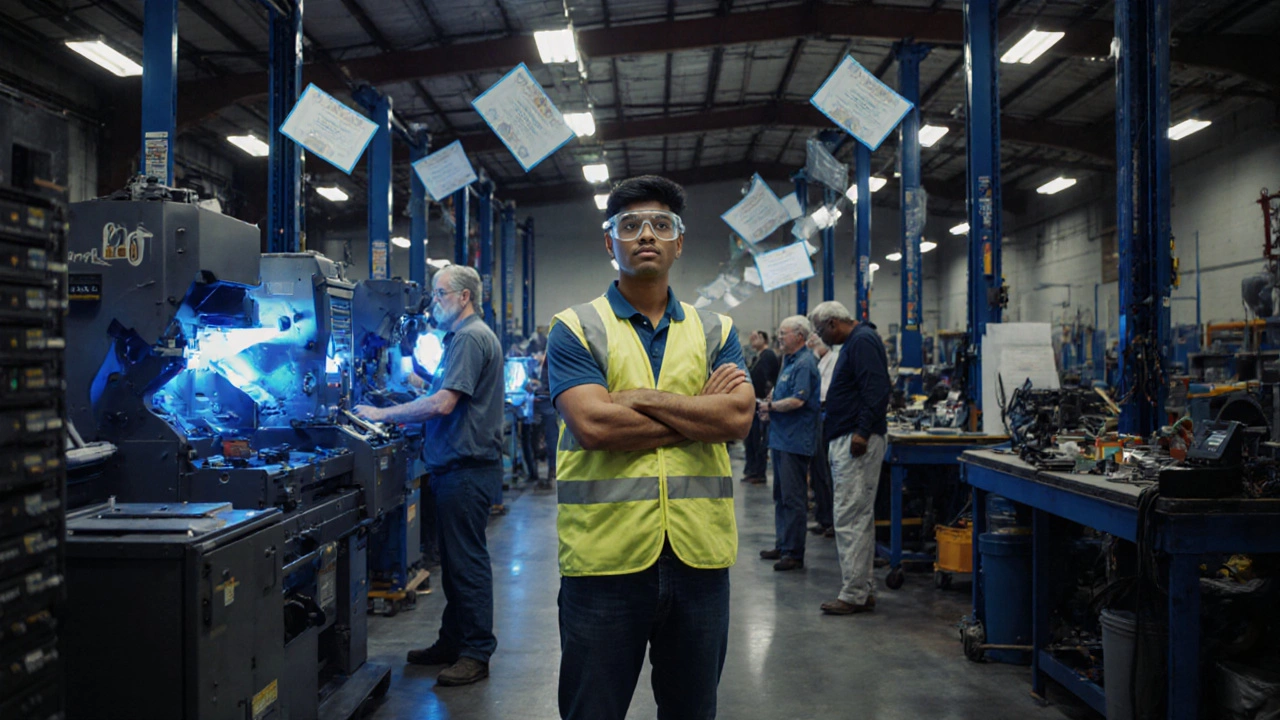Adults, including a 24‑year‑old, train on CNC and other vocational equipment in a workshop.