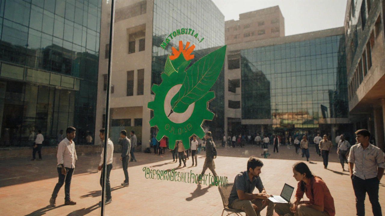 Busy Indian technical college courtyard with diverse students working together.