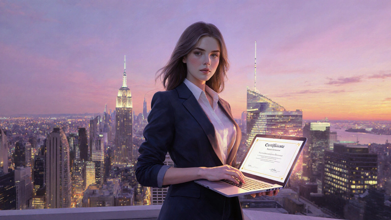 Confident woman on a rooftop holding a laptop and glowing certificate at sunset.