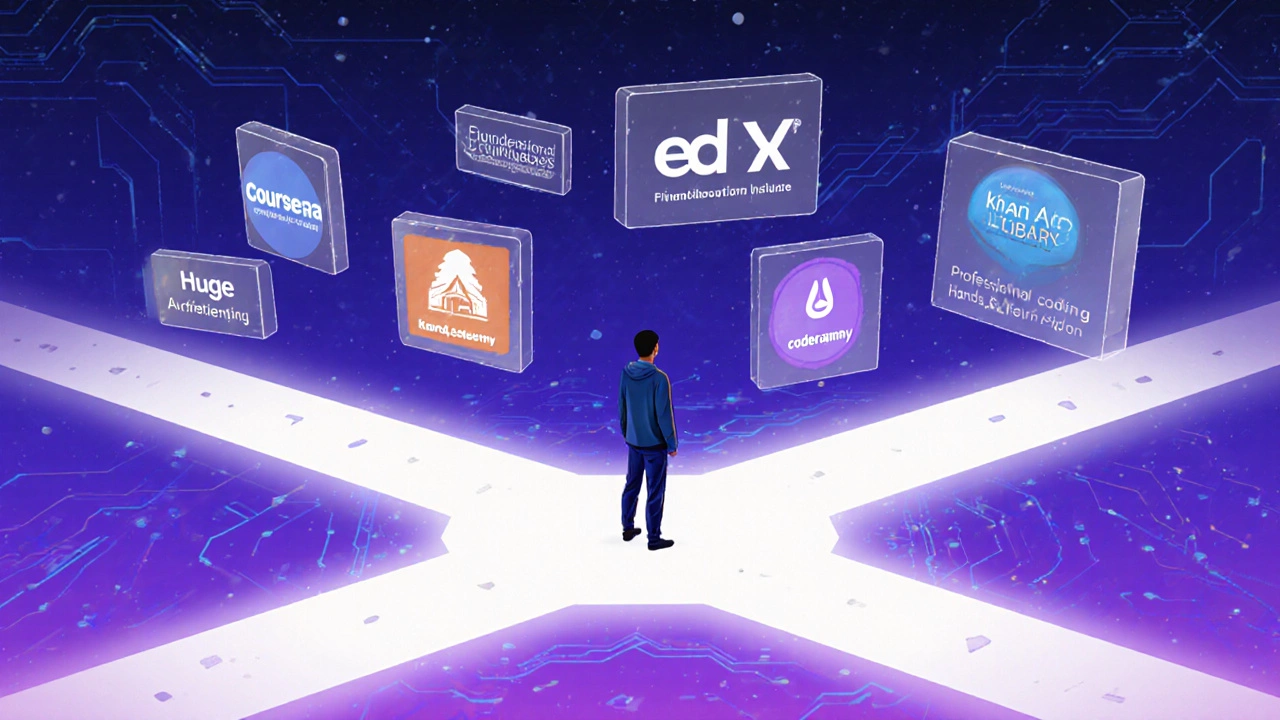 Digital art of a learner at a neon‑lit crossroads pointing to different platform logos.