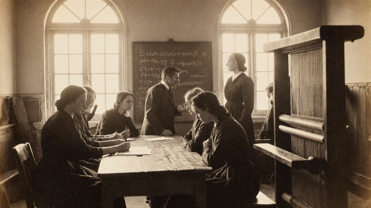 Early 1800s women learning algebra and textile work in a wooden classroom.
