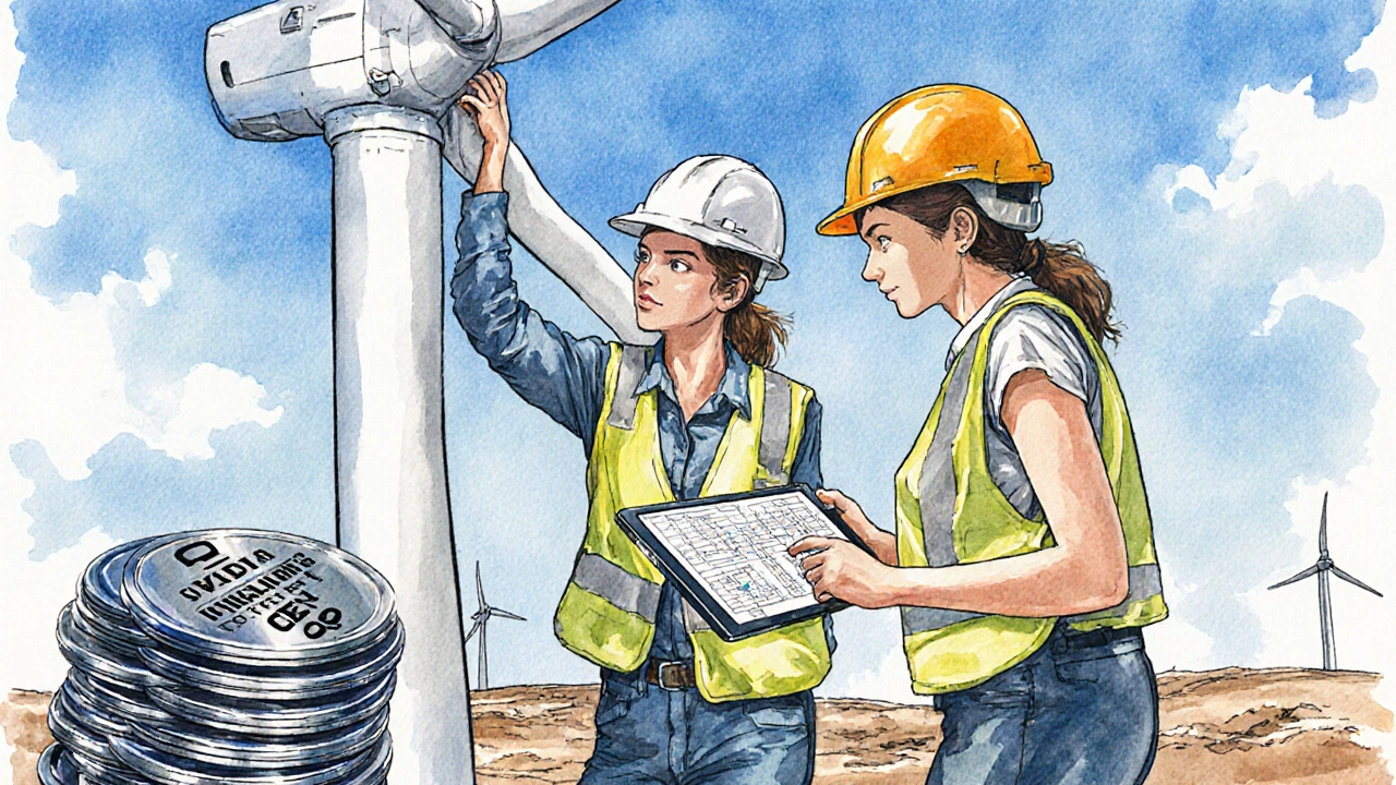 Female trainee and mentor inspecting a wind turbine with certificates nearby.