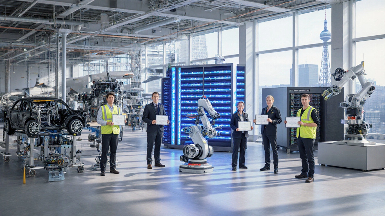 Five apprenticeship work zones hinting at engineering, automotive, IT, aerospace, and telecom, with apprentices holding certificates.