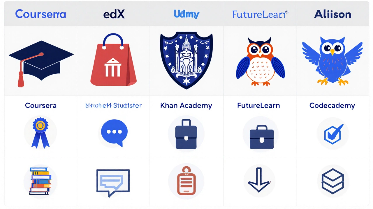 Flat illustration comparing seven platforms with icons and key strength symbols.