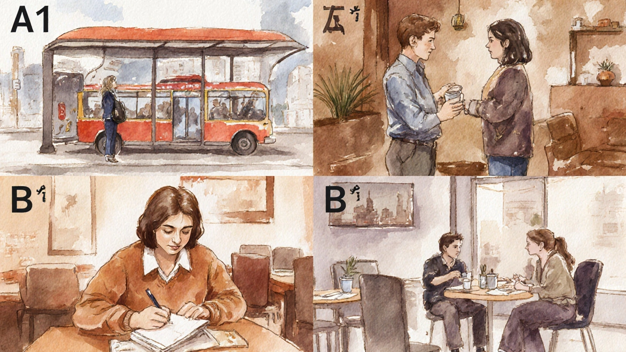 Four watercolor scenes of learners at A1, A2, B1, B2 levels.