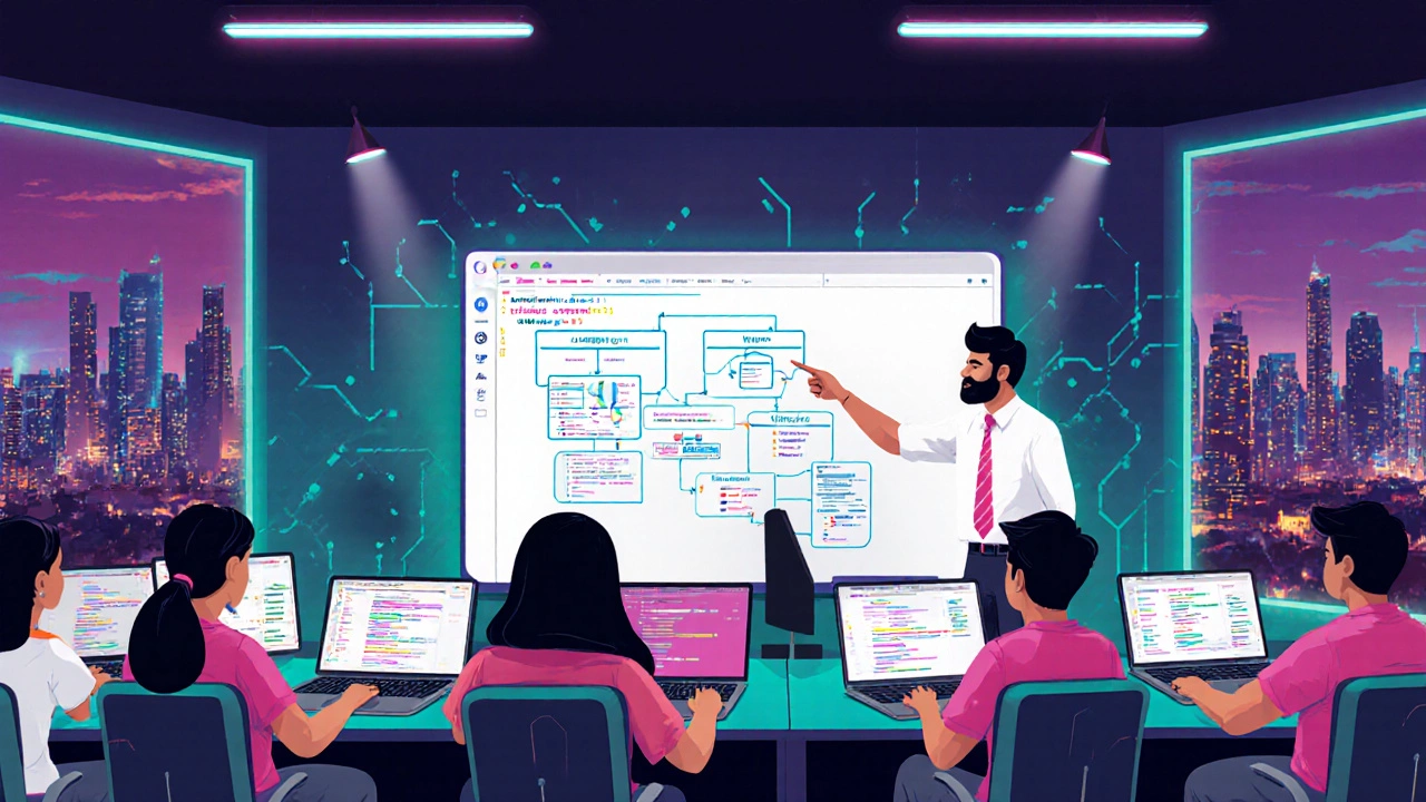 Full‑stack bootcamp class with diverse learners, laptops, mentor pointing at a code diagram, neon lighting.