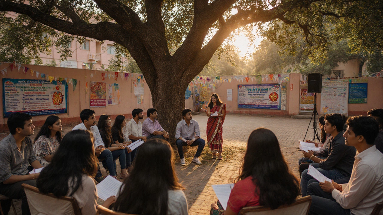 Group of students listening to a poetry reading under a tree on campus.