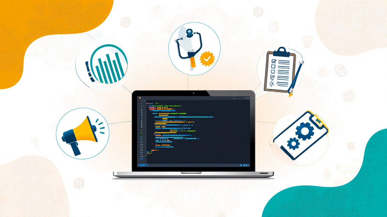 Illustrated workspace showing icons for data analytics, digital marketing, front‑end dev, healthcare admin, and PMP.