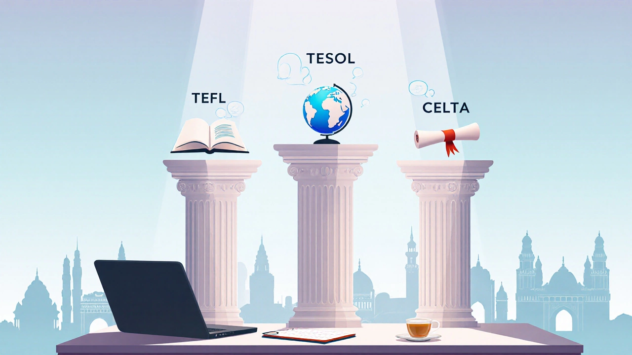 Illustration of TEFL, TESOL, and CELTA pillars with Indian city skylines in background.