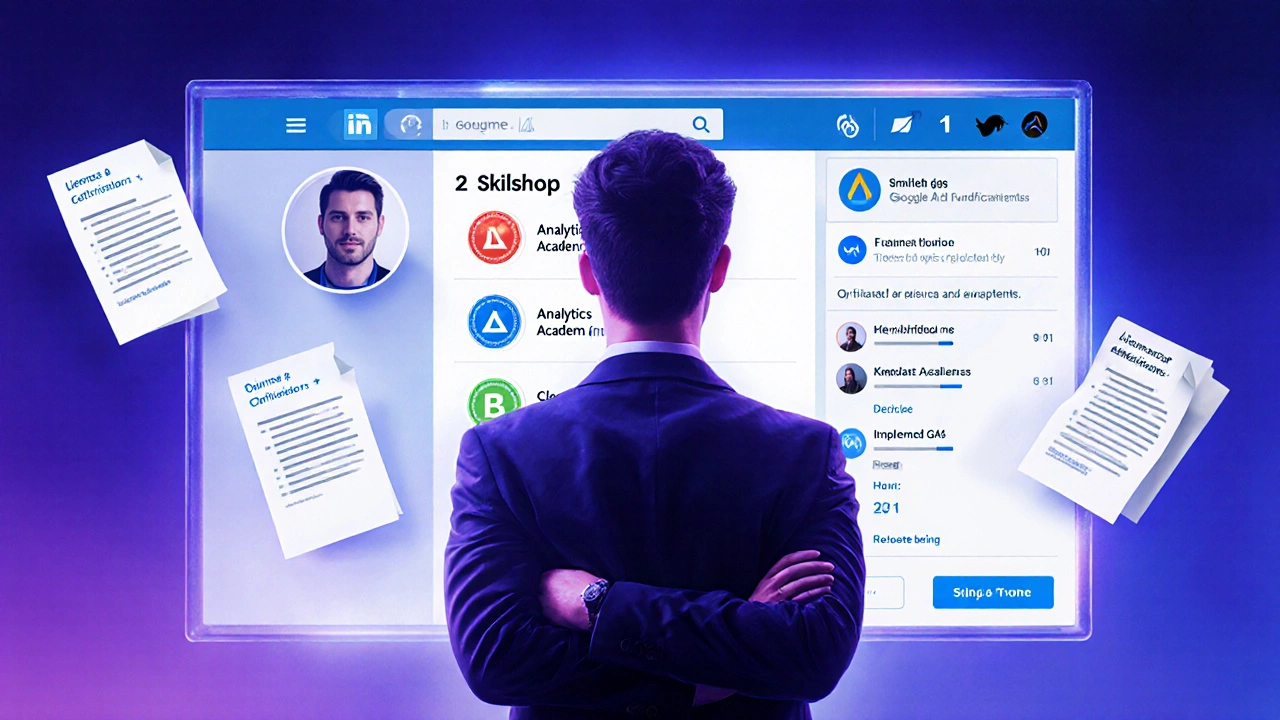 Individual presenting a LinkedIn profile with glowing Google certificate badges and résumé highlights.