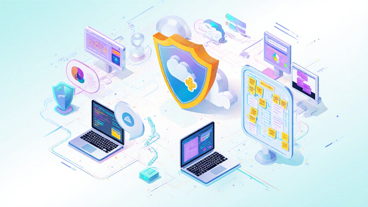 Isometric view of a learning hub with seven stations representing data science, cloud, cybersecurity, AI prompts, product management, UI/UX, and blockchain.