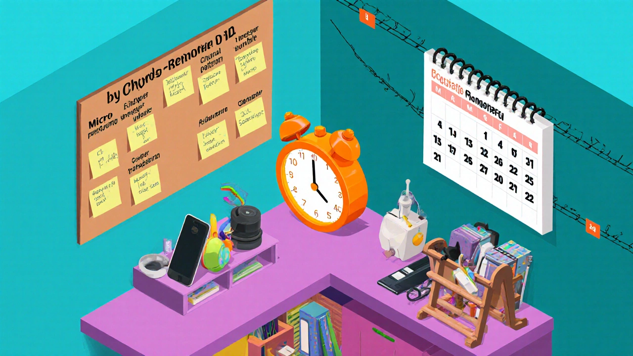 Isometric view of a learning sprint setup with checklist, Pomodoro timer, and habit‑stacking kit.
