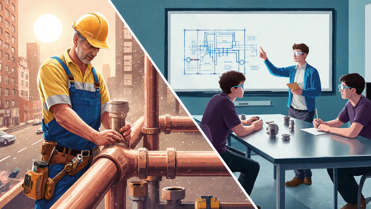 Left: apprentice working on site with a journeyman; right: trade‑school students at a pipe‑fitting lab.