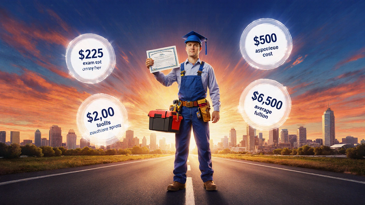 New electrician holds license and toolbox, surrounded by cost icons, looking toward city skyline.
