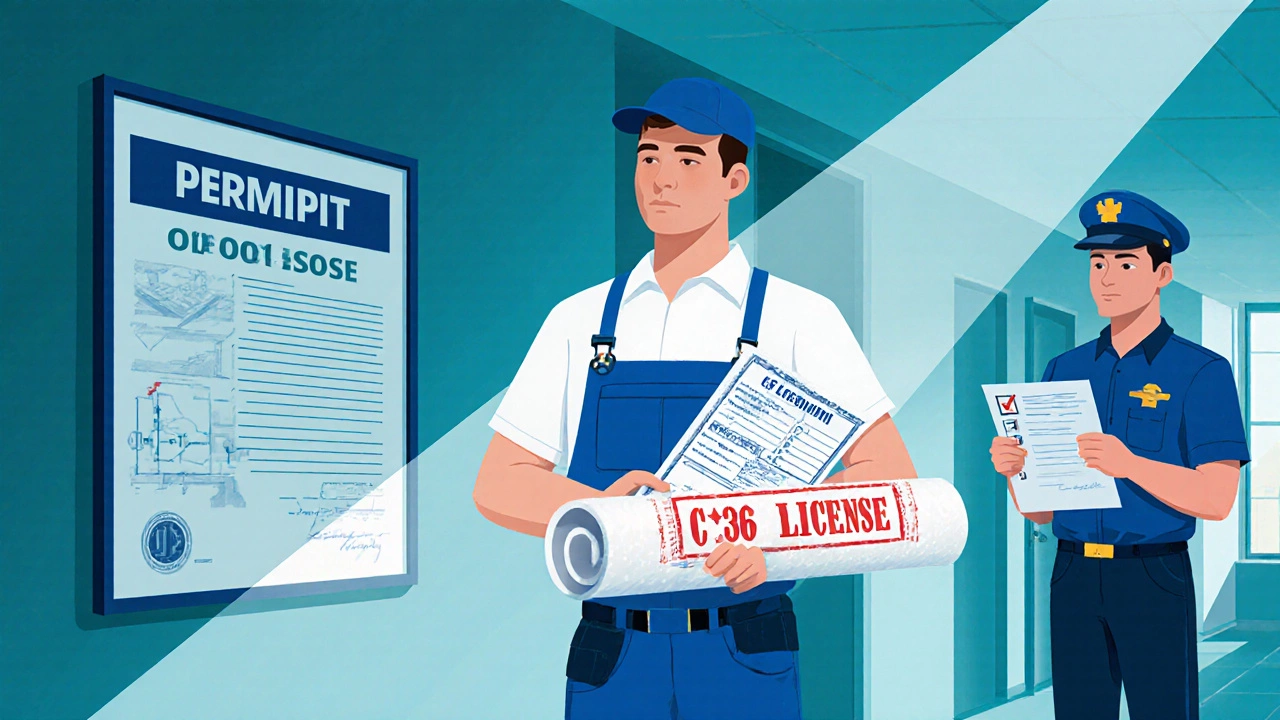 Plumber holding a C‑36 license and blueprint in front of a city permit office.