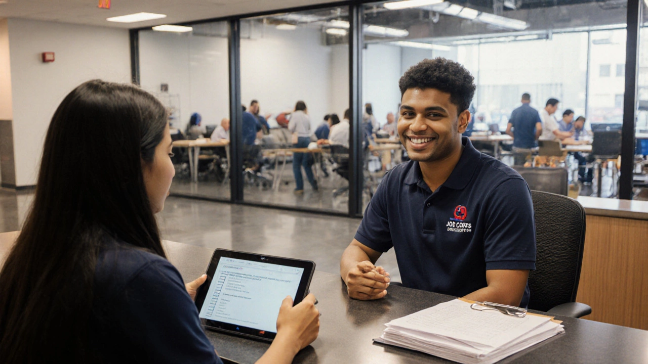 Recruiter and 24‑year‑old applicant discuss Job Corps application in a center office.