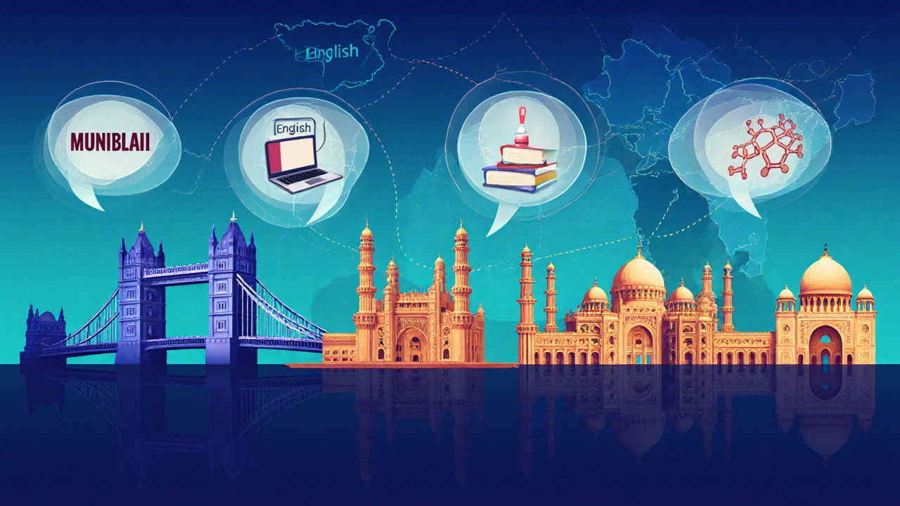 Silhouette collage of Mumbai, Delhi, Bangalore, Pune, and Hyderabad with iconic landmarks and English speech bubbles.