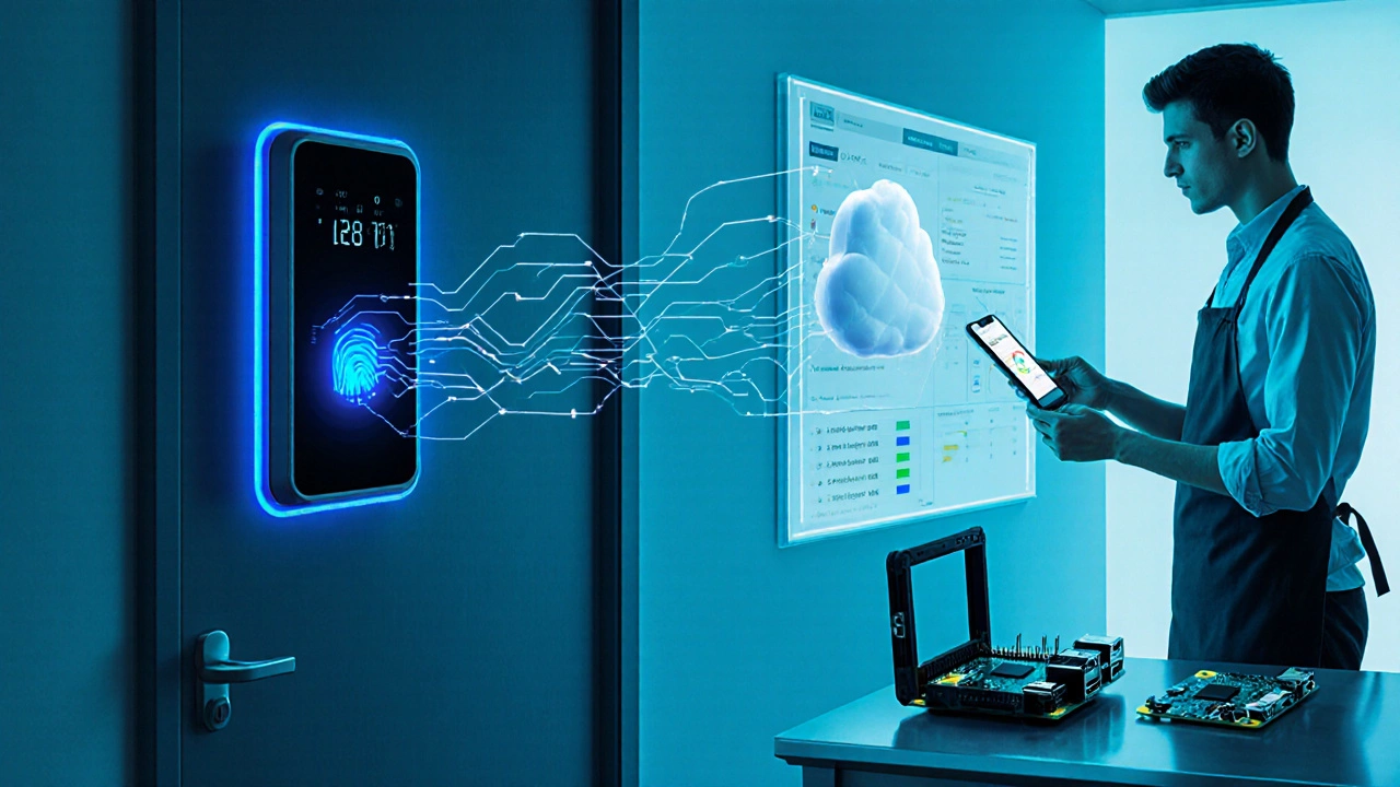 Smart lock with biometric scanner and IoT connections in a modern apartment.