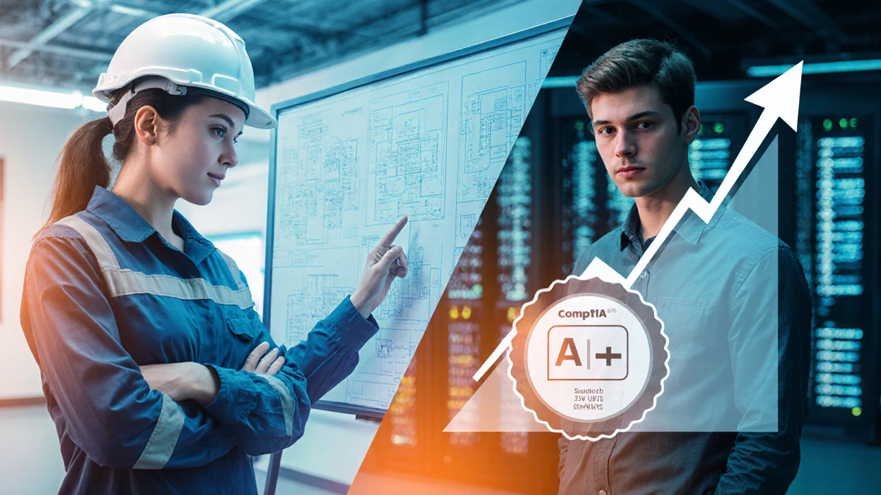 Split illustration of an electrical apprentice with mentor and an IT apprentice with certification, showing career progression.