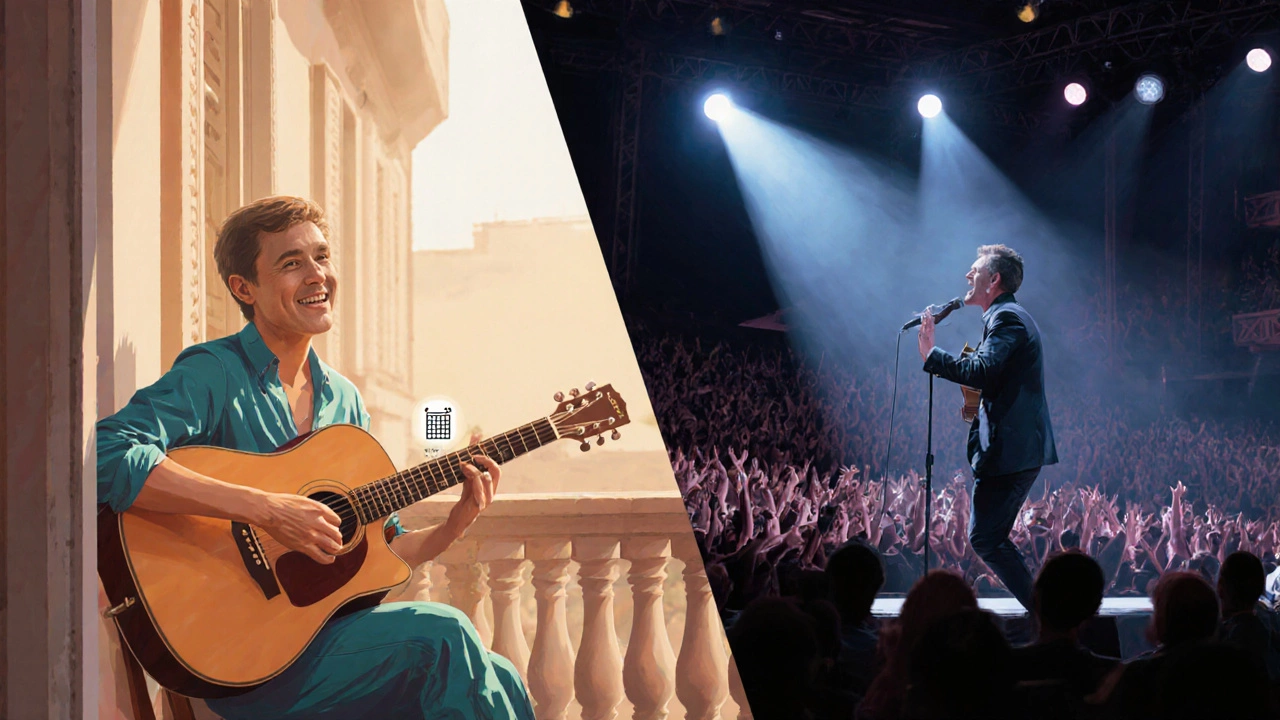 Split‑screen showing hobbyist playing guitar after 20 hours beside a professional performer after years of practice.