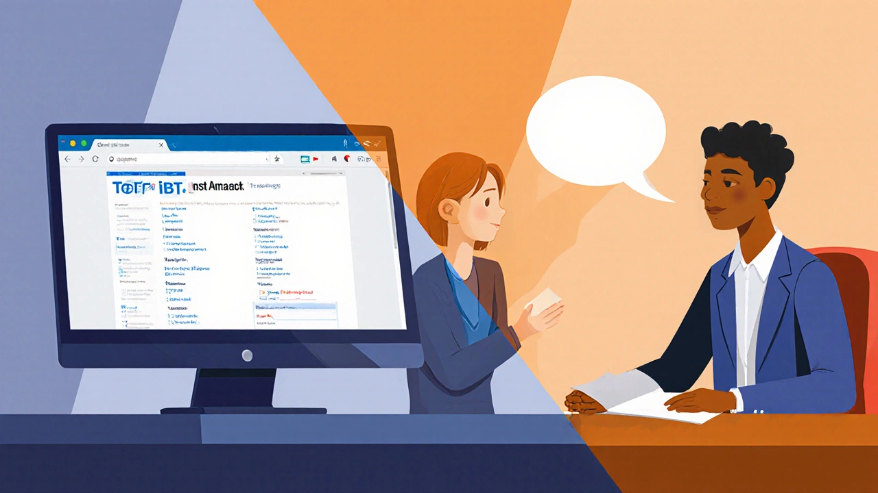 Split-screen showing TOEFL computer test and IELTS face-to-face speaking exam