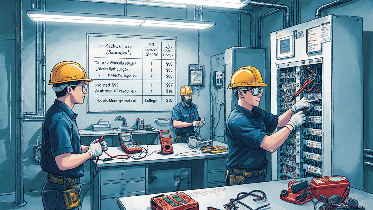 Students in safety gear work on wiring panel in a bright electrical training lab.