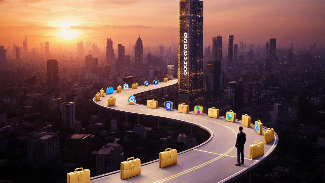 Sunrise over an Indian city with a golden briefcase road leading to a success skyscraper, symbolizing skill mastery.