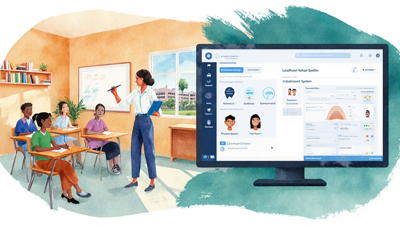 Watercolor hybrid classroom with a teacher connecting in‑person and online students.