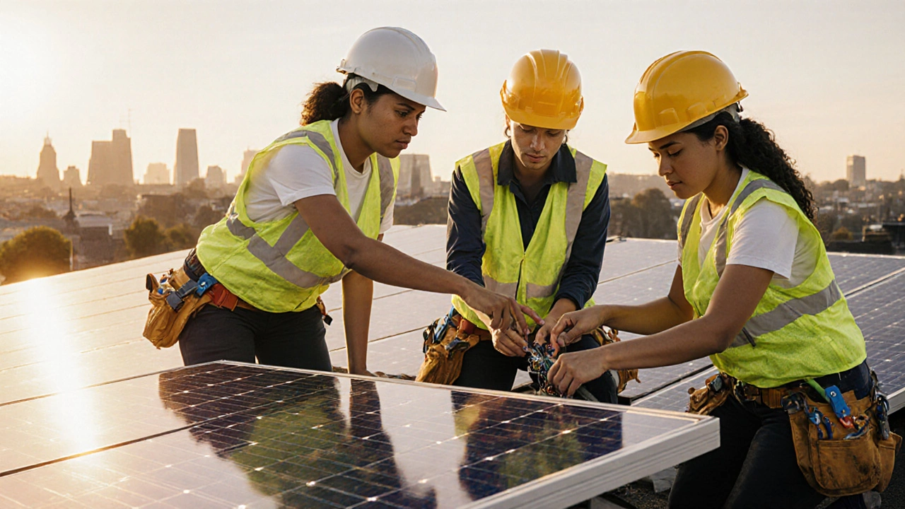Women in safety gear installing solar panels on a rooftop in modern Bristol.
