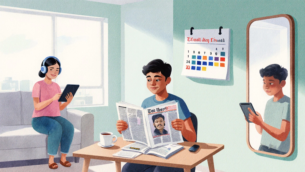 Young learner practicing English reading, listening, and speaking at home.